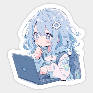 Kawaii Anime girl using laptop Sticker